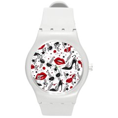 Red Lips Black Heels Pattern Round Plastic Sport Watch (m)