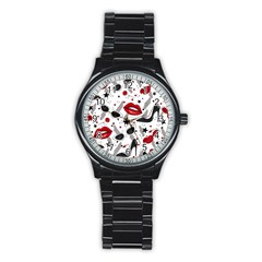 Red Lips Black Heels Pattern Stainless Steel Round Watch