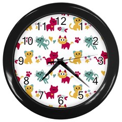 Pattern With Cute Cats Wall Clock (black)