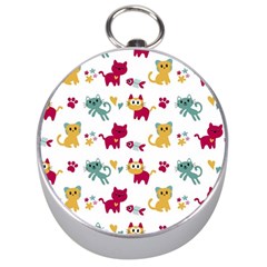 Pattern With Cute Cats Silver Compasses