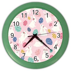 Cute Bunnies Easter Eggs Seamless Pattern Color Wall Clock by Jancukart