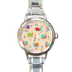 Seamless Pattern Cute Snail With Flower Leaf Round Italian Charm Watch by Jancukart