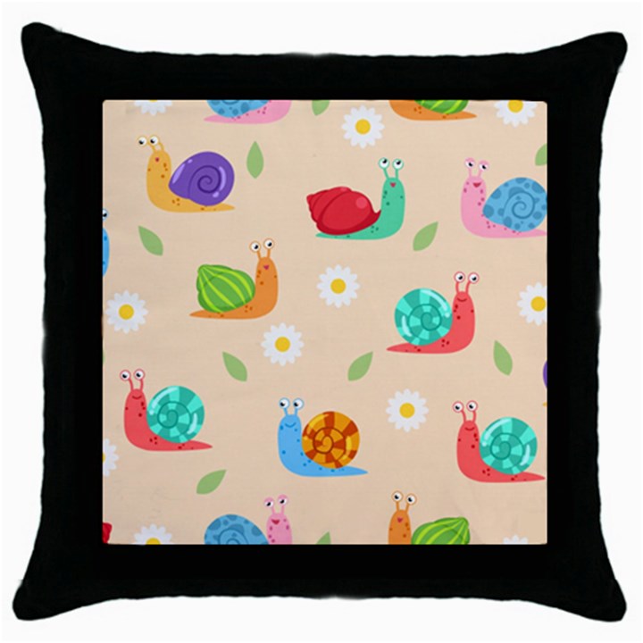 Seamless Pattern Cute Snail With Flower Leaf Throw Pillow Case (Black)