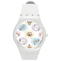 Cute Cat Seamless Pattern Background Round Plastic Sport Watch (m) by Jancukart