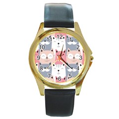 Cute Seamless Pattern With Cats Round Gold Metal Watch