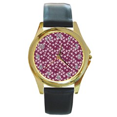 Small Flowers Pattern Round Gold Metal Watch