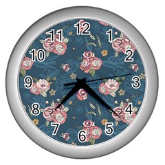 Vintage Flowers Pattern Wall Clock (silver)