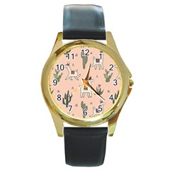 Llamas+pattern Round Gold Metal Watch