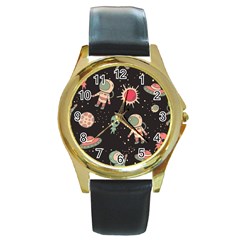 Space Pattern Cartoon Round Gold Metal Watch by Jancukart