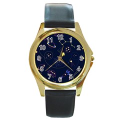 Cartoon-space-seamless-pattern-vectors Round Gold Metal Watch by Jancukart