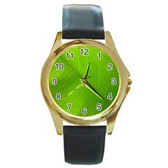 Banana Leaf Round Gold Metal Watch by artworkshop