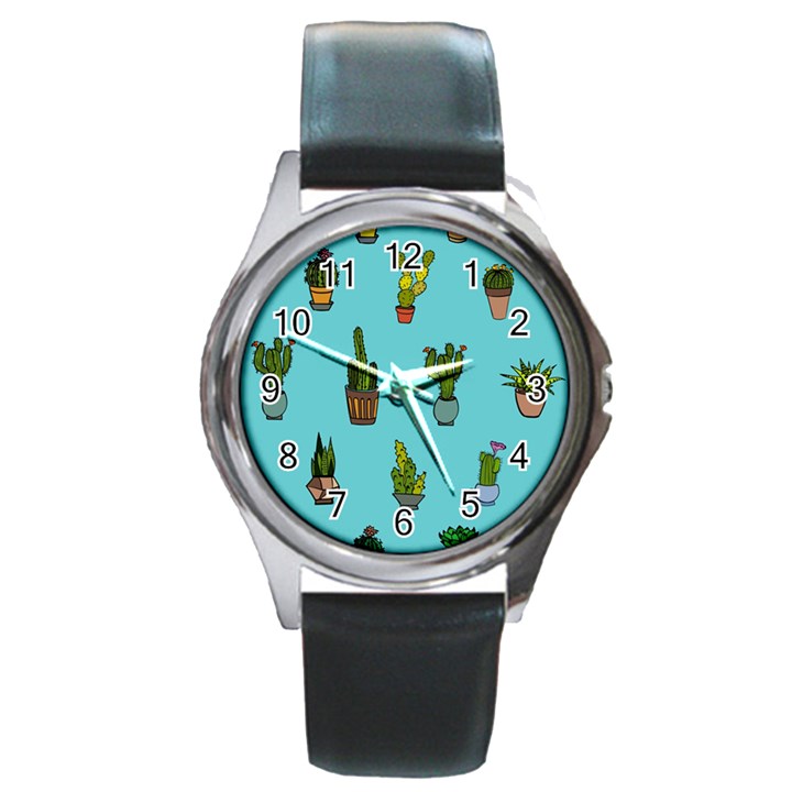 Succulents Teal Back Round Metal Watch