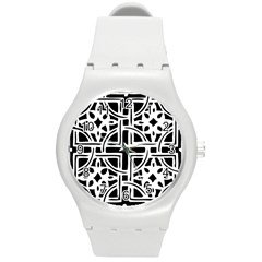 Black And White Geometric Geometry Pattern Round Plastic Sport Watch (m) by Jancukart