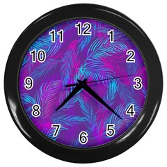 Leaf-pattern-with-neon-purple-background Wall Clock (black)