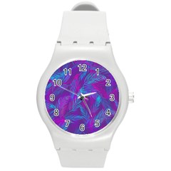 Leaf-pattern-with-neon-purple-background Round Plastic Sport Watch (m)