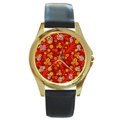 Seamless-pattern-slavic-folk-style Round Gold Metal Watch