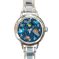 Seamless-pattern-vector-submarine-with-sea-animals-cartoon Round Italian Charm Watch