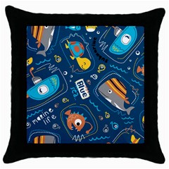 Seamless-pattern-vector-submarine-with-sea-animals-cartoon Throw Pillow Case (black)