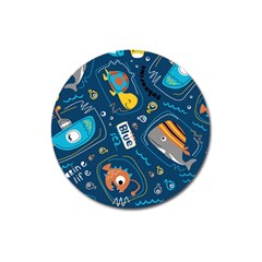 Seamless-pattern-vector-submarine-with-sea-animals-cartoon Magnet 3  (round)