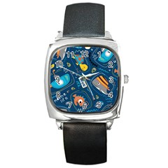 Seamless-pattern-vector-submarine-with-sea-animals-cartoon Square Metal Watch