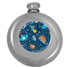 Seamless-pattern-vector-submarine-with-sea-animals-cartoon Round Hip Flask (5 Oz)