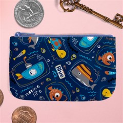 Seamless-pattern-vector-submarine-with-sea-animals-cartoon Large Coin Purse by Jancukart