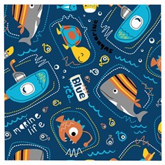 Seamless-pattern-vector-submarine-with-sea-animals-cartoon Wooden Puzzle Square by Jancukart