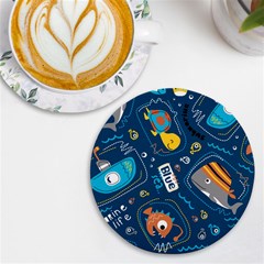 Seamless-pattern-vector-submarine-with-sea-animals-cartoon Uv Print Round Tile Coaster by Jancukart