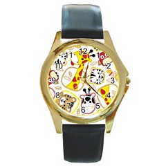 Vector-seamless-pattern-nice-animals-cartoon Round Gold Metal Watch by Jancukart