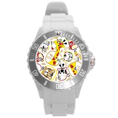 Vector-seamless-pattern-nice-animals-cartoon Round Plastic Sport Watch (l)