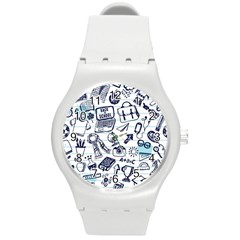 Hand-drawn-back-school-pattern Round Plastic Sport Watch (m)