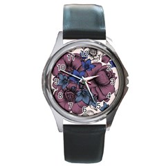 Floral-wallpaper-pattern-with-engraved-hand-drawn-flowers-vintage-style Round Metal Watch