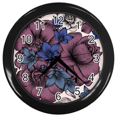 Floral-wallpaper-pattern-with-engraved-hand-drawn-flowers-vintage-style Wall Clock (black) by Jancukart