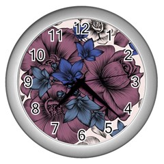 Floral-wallpaper-pattern-with-engraved-hand-drawn-flowers-vintage-style Wall Clock (silver) by Jancukart