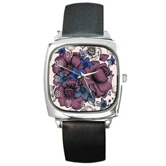 Floral-wallpaper-pattern-with-engraved-hand-drawn-flowers-vintage-style Square Metal Watch