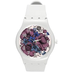 Floral-wallpaper-pattern-with-engraved-hand-drawn-flowers-vintage-style Round Plastic Sport Watch (m)