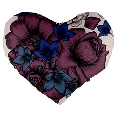 Floral-wallpaper-pattern-with-engraved-hand-drawn-flowers-vintage-style Large 19  Premium Heart Shape Cushions