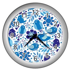 Pattern-with-birds Wall Clock (silver)