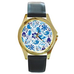 Pattern-with-birds Round Gold Metal Watch