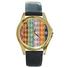 Grungy Vintage Patterns Round Gold Metal Watch