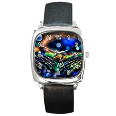 Peacock Feather Drop Square Metal Watch by artworkshop