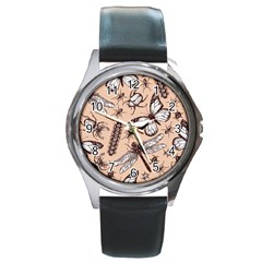 Vintage-drawn-insect-seamless-pattern Round Metal Watch