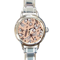 Vintage-drawn-insect-seamless-pattern Round Italian Charm Watch by Jancukart