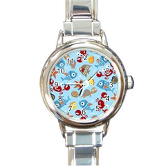 Seamless-pattern-funny-marine-animals-cartoon Round Italian Charm Watch