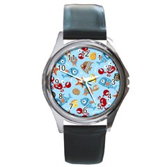 Seamless-pattern-funny-marine-animals-cartoon Round Metal Watch