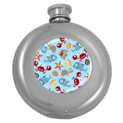 Seamless-pattern-funny-marine-animals-cartoon Round Hip Flask (5 Oz) by Jancukart