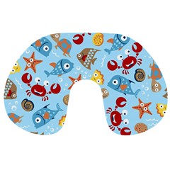 Seamless-pattern-funny-marine-animals-cartoon Travel Neck Pillow by Jancukart