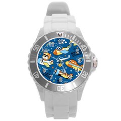 Seamless-pattern-with-nice-planes-cartoon Round Plastic Sport Watch (l) by Jancukart