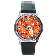 Seamless-pattern-vector-beach-holiday-theme-set Round Metal Watch