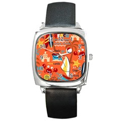 Seamless-pattern-vector-beach-holiday-theme-set Square Metal Watch